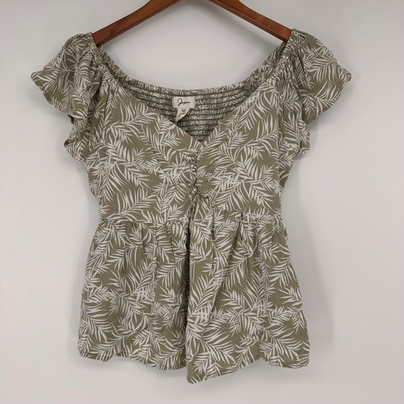 Japna Tops - Japna Peplum Blouse Womens Medium Palm Print Smocked Flutter Sleeve Green Modern